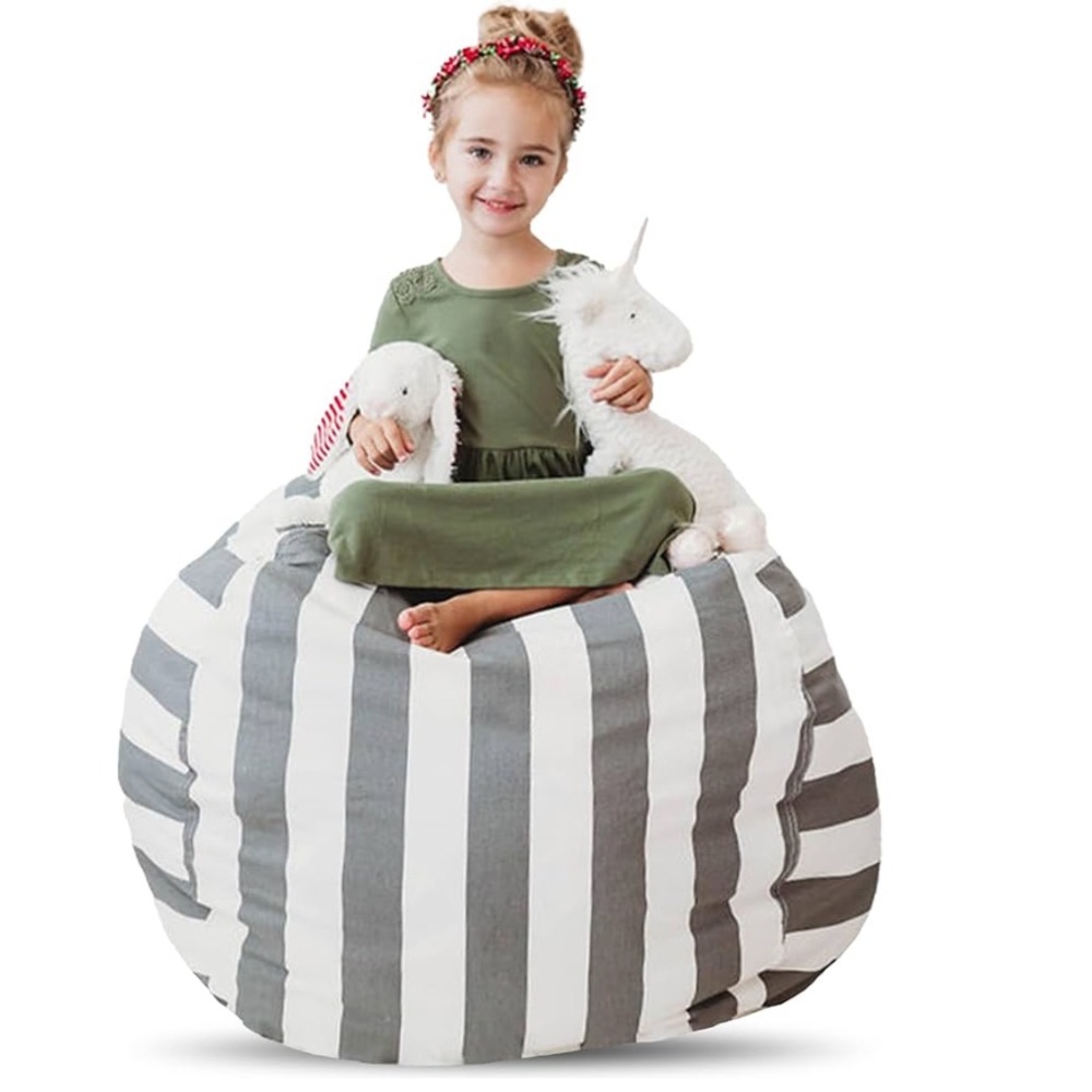 New Creative QT Stuff ’n Sit  38’’ Bean Bag Storage Organizer Grey/White Stripes